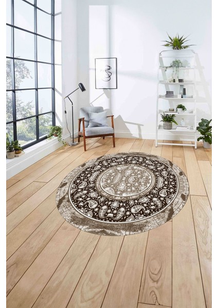 Çerçeveli Desen Motifli Yıkanabilir Kaymaz Yuvarlak Salon Halısı, Çerçeveli-Y-86-Kahve, fırsatları