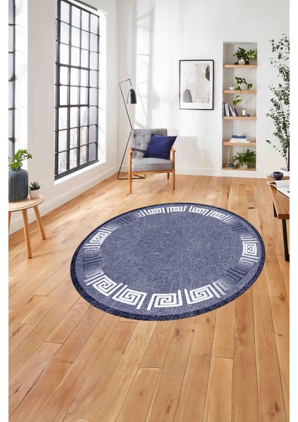 Çerçeveli Vektörel Mermer Desenli Yıkanabilir Kaymaz Yuvarlak Salon Halısı, Çerçeveli-Y-95-Mavi,