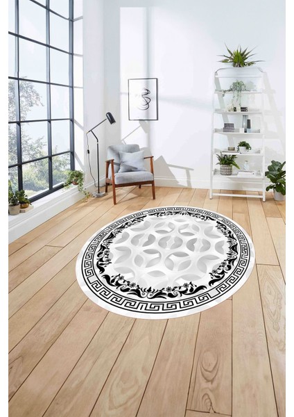 Çerçeveli Geleneksel Desen Yıkanabilir Kaymaz Yuvarlak Salon Halısı, ÇERÇEVELİ-Y-107-BEYAZ, fırsatları