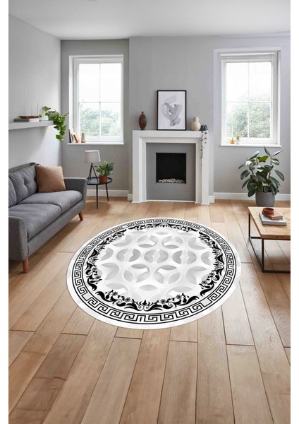 Çerçeveli Geleneksel Desen Yıkanabilir Kaymaz Yuvarlak Salon Halısı, ÇERÇEVELİ-Y-107-BEYAZ, indirimleri