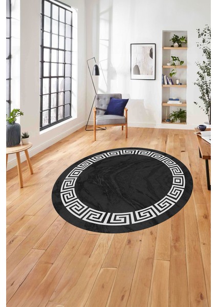 Çerçeveli Vektörel Çizgili Yıkanabilir Kaymaz Yuvarlak Salon Halısı, Çerçeveli-Y-94-Antrasit,