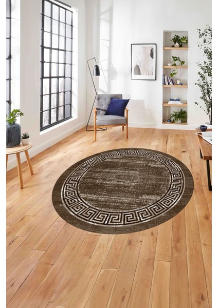Çerçeveli Klasik Modern Yıkanabilir Kaymaz Yuvarlak Salon Halısı, Çerçeveli-Y-96-Kahve,