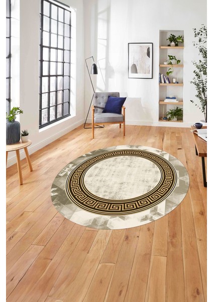 Çerçeveli Modern Klasik Baskılı Yıkanabilir Kaymaz Yuvarlak Salon Halısı, ÇERÇEVELİ-Y-109-GOLD,