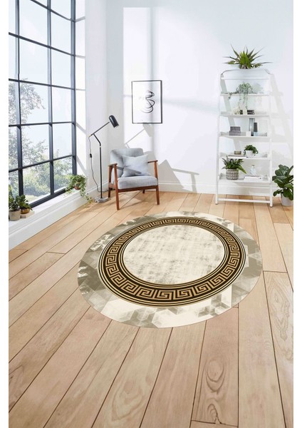 Çerçeveli Modern Klasik Baskılı Yıkanabilir Kaymaz Yuvarlak Salon Halısı, ÇERÇEVELİ-Y-109-GOLD, fırsatları