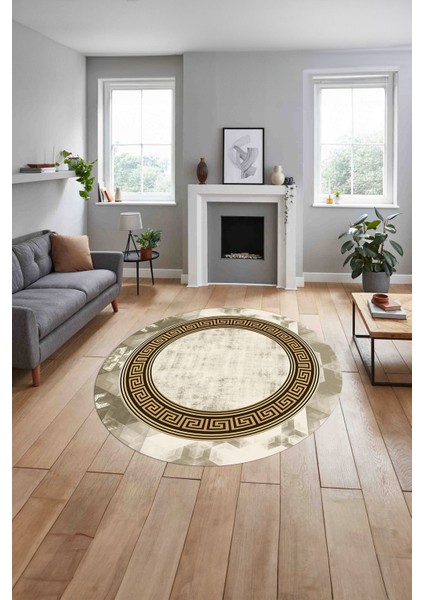 Çerçeveli Modern Klasik Baskılı Yıkanabilir Kaymaz Yuvarlak Salon Halısı, ÇERÇEVELİ-Y-109-GOLD, indirimleri