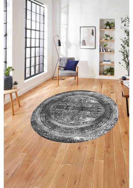 Çerçeveli Modern Sade Baskılı Yıkanabilir Kaymaz Yuvarlak Salon Halısı, ÇERÇEVELİ-Y-119-GRİ,