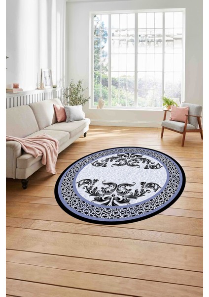 Çerçeveli Akrilik Motifli Yıkanabilir Kaymaz Yuvarlak Salon Halısı, Çerçeveli-Y-83-Mavi, modelleri