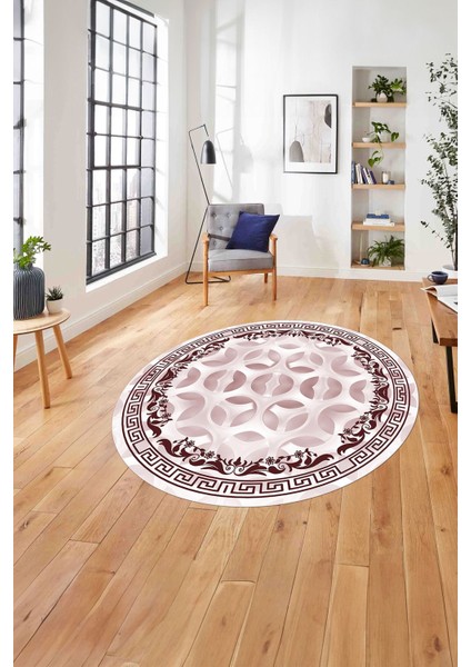 Çerçeveli Geleneksel Desen Yıkanabilir Kaymaz Yuvarlak Salon Halısı, ÇERÇEVELİ-Y-107-BORDO,