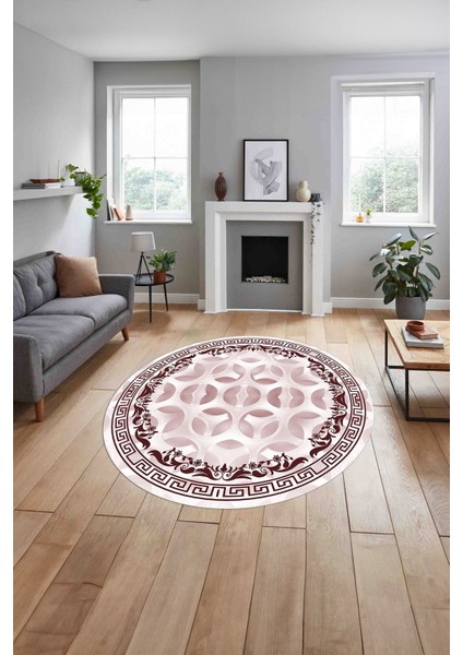 Çerçeveli Geleneksel Desen Yıkanabilir Kaymaz Yuvarlak Salon Halısı, ÇERÇEVELİ-Y-107-BORDO, indirimleri
