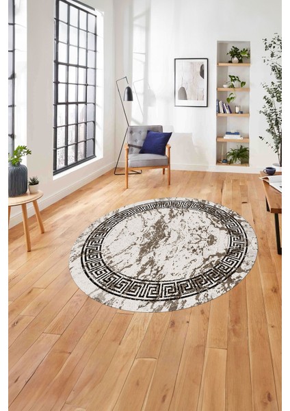 Çerçeveli Modern Mermer Desenli Yıkanabilir Kaymaz Yuvarlak Salon Halısı, ÇERÇEVELİ-Y-114-KAHVE,