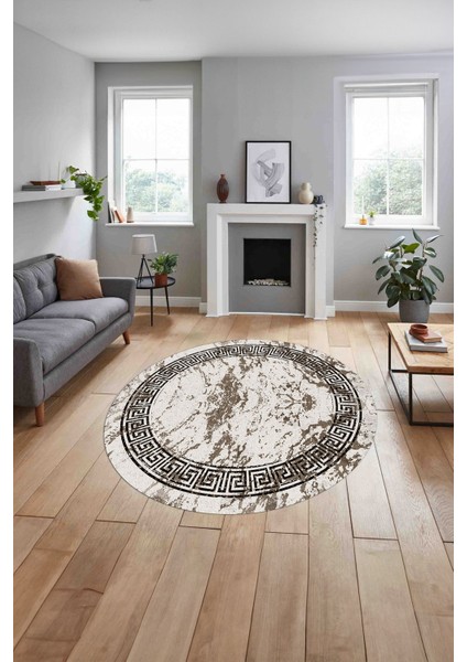 Çerçeveli Modern Mermer Desenli Yıkanabilir Kaymaz Yuvarlak Salon Halısı, ÇERÇEVELİ-Y-114-KAHVE, indirimleri