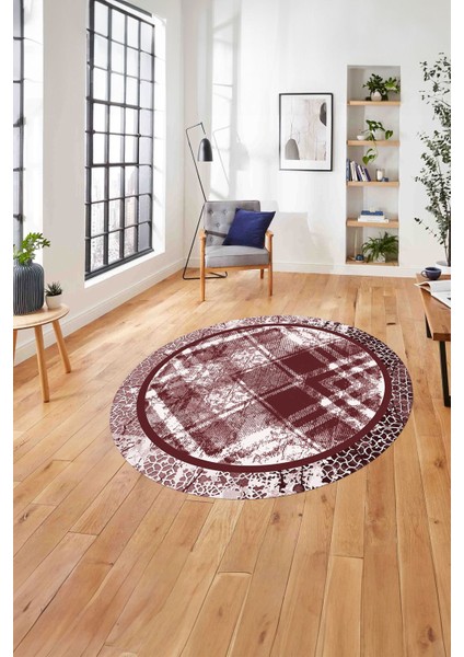 Çerçeveli Otantik Desen Yıkanabilir Kaymaz Yuvarlak Salon Halısı, ÇERÇEVELİ-Y-121-BORDO,