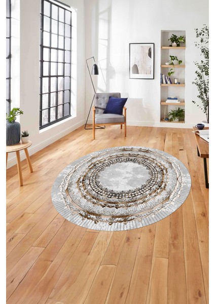 Çerçeveli Otantik Desen Yıkanabilir Kaymaz Yuvarlak Salon Halısı, Çerçeveli-Y-76-Kahve,