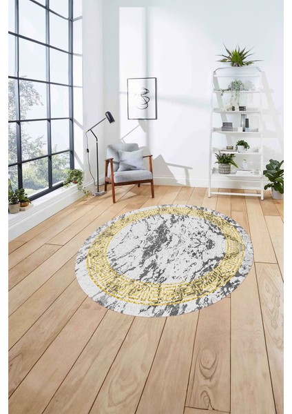 Çerçeveli Modern Mermer Desenli Yıkanabilir Kaymaz Yuvarlak Salon Halısı, ÇERÇEVELİ-Y-114-GOLD, fırsatları