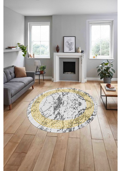 Çerçeveli Modern Mermer Desenli Yıkanabilir Kaymaz Yuvarlak Salon Halısı, ÇERÇEVELİ-Y-114-GOLD, indirimleri