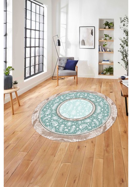Çerçeveli Desen Motifli Yıkanabilir Kaymaz Yuvarlak Salon Halısı, Çerçeveli-Y-86-Turkuaz,