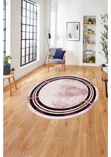 Çerçeveli Dekoratif Baskılı Yıkanabilir Kaymaz Yuvarlak Salon Halısı, Çerçeveli-Y-68-Bordo,