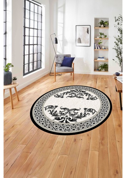 Çerçeveli Akrilik Motifli Yıkanabilir Kaymaz Yuvarlak Salon Halısı, Çerçeveli-Y-83-Bej,
