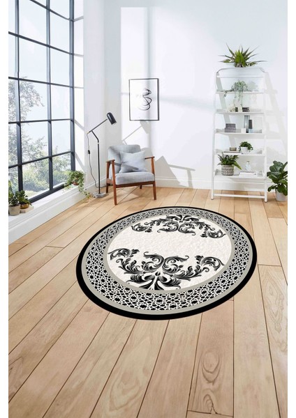 Çerçeveli Akrilik Motifli Yıkanabilir Kaymaz Yuvarlak Salon Halısı, Çerçeveli-Y-83-Bej, fırsatları