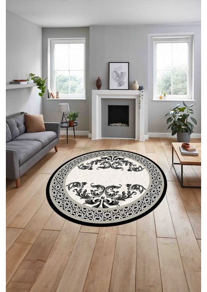 Çerçeveli Akrilik Motifli Yıkanabilir Kaymaz Yuvarlak Salon Halısı, Çerçeveli-Y-83-Bej, indirimleri