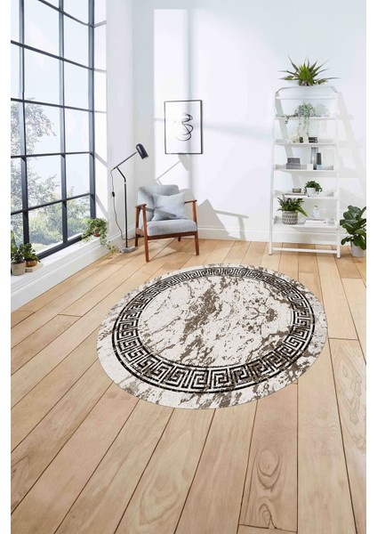 Çerçeveli Modern Mermer Desenli Yıkanabilir Kaymaz Yuvarlak Salon Halısı, ÇERÇEVELİ-Y-114-KAHVE, fırsatları