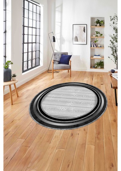 Çerçeveli Modern Çizgi Desenli Yıkanabilir Kaymaz Yuvarlak Salon Halısı, ÇERÇEVELİ-Y-120-GRİ,
