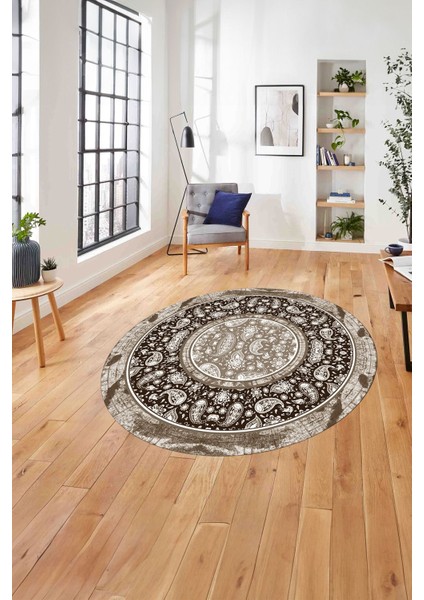Çerçeveli Desen Motifli Yıkanabilir Kaymaz Yuvarlak Salon Halısı, Çerçeveli-Y-86-Kahve,