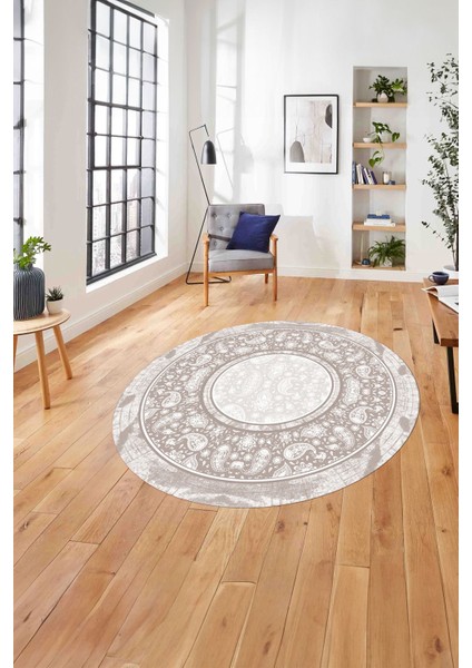 Çerçeveli Desen Motifli Yıkanabilir Kaymaz Yuvarlak Salon Halısı, Çerçeveli-Y-86-Bej,