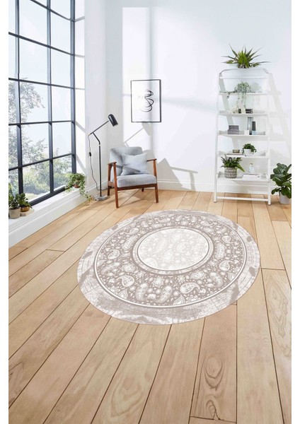 Çerçeveli Desen Motifli Yıkanabilir Kaymaz Yuvarlak Salon Halısı, Çerçeveli-Y-86-Bej, fırsatları