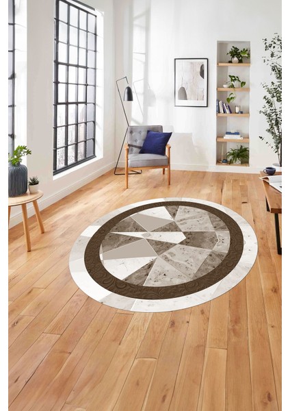 Çerçeveli Modern Mermer Detaylı Yıkanabilir Kaymaz Yuvarlak Salon Halısı, ÇERÇEVELİ-Y-123-KAHVE,
