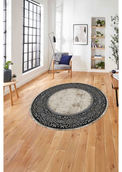 Çerçeveli Klasik Modern Model Yıkanabilir Kaymaz Yuvarlak Salon Halısı, ÇERÇEVELİ-Y-128-SİYAH,