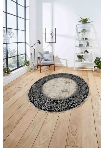 Çerçeveli Klasik Modern Model Yıkanabilir Kaymaz Yuvarlak Salon Halısı, ÇERÇEVELİ-Y-128-SİYAH, fırsatları