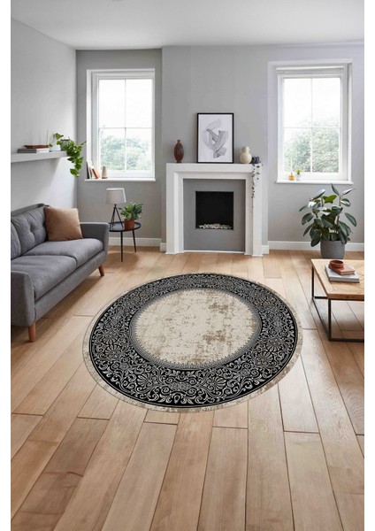 Çerçeveli Klasik Modern Model Yıkanabilir Kaymaz Yuvarlak Salon Halısı, ÇERÇEVELİ-Y-128-SİYAH, indirimleri