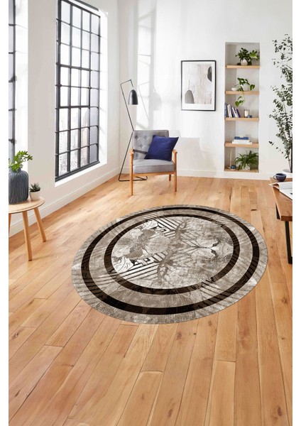 Çerçeveli Çiçek Motifli Yıkanabilir Kaymaz Yuvarlak Salon Halısı, ÇERÇEVELİ-Y-122-KAHVE,