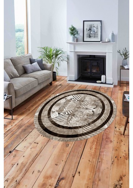 Çerçeveli Çiçek Motifli Yıkanabilir Kaymaz Yuvarlak Salon Halısı, ÇERÇEVELİ-Y-122-KAHVE, fiyatları