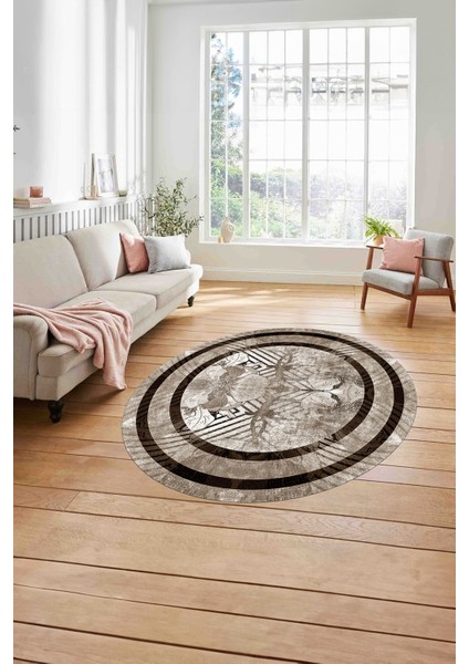 Çerçeveli Çiçek Motifli Yıkanabilir Kaymaz Yuvarlak Salon Halısı, ÇERÇEVELİ-Y-122-KAHVE, modelleri
