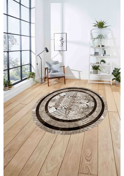 Çerçeveli Çiçek Motifli Yıkanabilir Kaymaz Yuvarlak Salon Halısı, ÇERÇEVELİ-Y-122-KAHVE, fırsatları