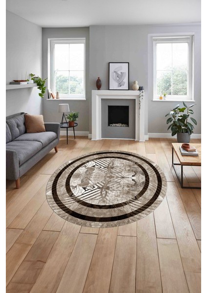 Çerçeveli Çiçek Motifli Yıkanabilir Kaymaz Yuvarlak Salon Halısı, ÇERÇEVELİ-Y-122-KAHVE, indirimleri