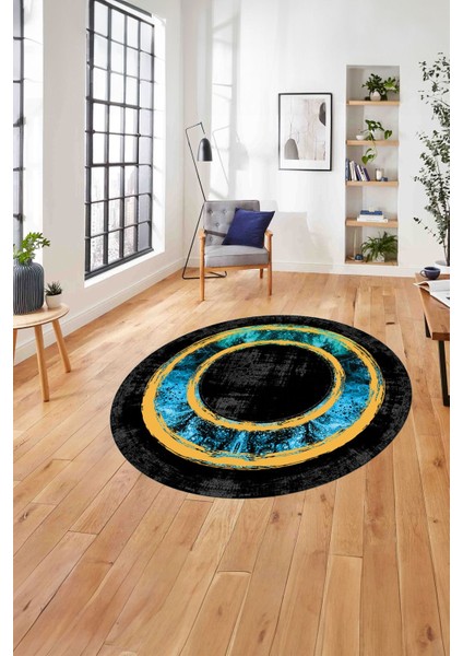 Çerçeveli Klasik Modern Baskılı Yıkanabilir Kaymaz Yuvarlak Salon HALISI,ÇERÇEVELİ-Y-130-TURKUAZ,