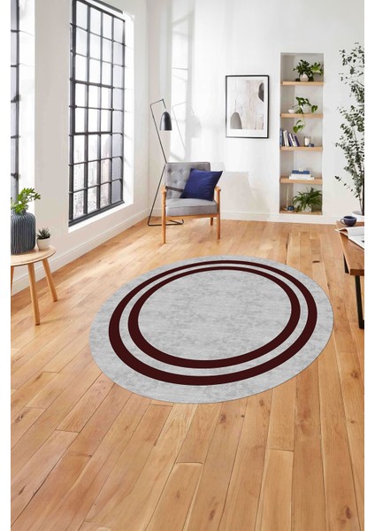 Çerçeveli Kenar Çizgi Desenli Yıkanabilir Kaymaz Yuvarlak Salon Halısı, Çerçeveli-Y-56-Bordo,
