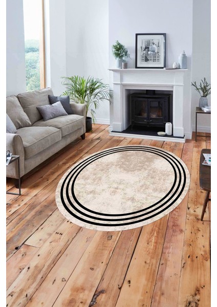 Çerçeveli Kenar Çizgi Motifli Yıkanabilir Kaymaz Yuvarlak Salon Halısı, Çerçeveli-Y-61-Bej, fiyatları