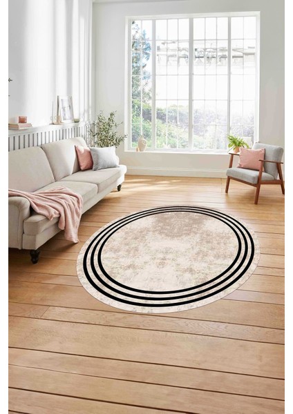 Çerçeveli Kenar Çizgi Motifli Yıkanabilir Kaymaz Yuvarlak Salon Halısı, Çerçeveli-Y-61-Bej, modelleri
