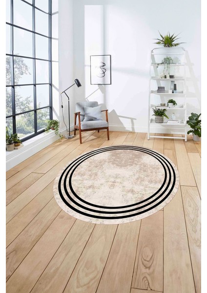 Çerçeveli Kenar Çizgi Motifli Yıkanabilir Kaymaz Yuvarlak Salon Halısı, Çerçeveli-Y-61-Bej, fırsatları