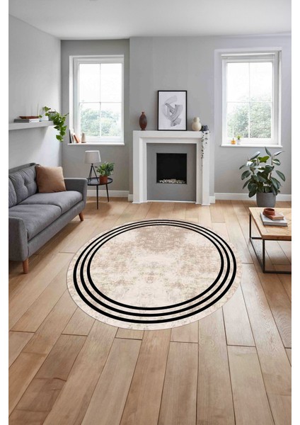 Çerçeveli Kenar Çizgi Motifli Yıkanabilir Kaymaz Yuvarlak Salon Halısı, Çerçeveli-Y-61-Bej, indirimleri