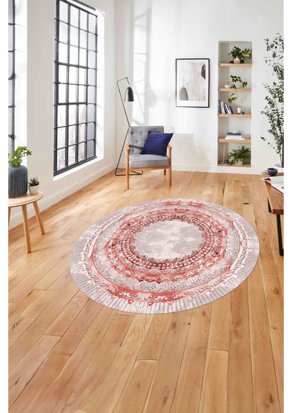 Çerçeveli Otantik Desen Yıkanabilir Kaymaz Yuvarlak Salon Halısı, Çerçeveli-Y-76-Kırmızı,