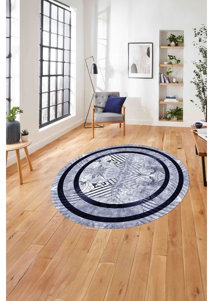 Çerçeveli Çiçek Motifli Yıkanabilir Kaymaz Yuvarlak Salon Halısı, ÇERÇEVELİ-Y-122-LACİVERT,