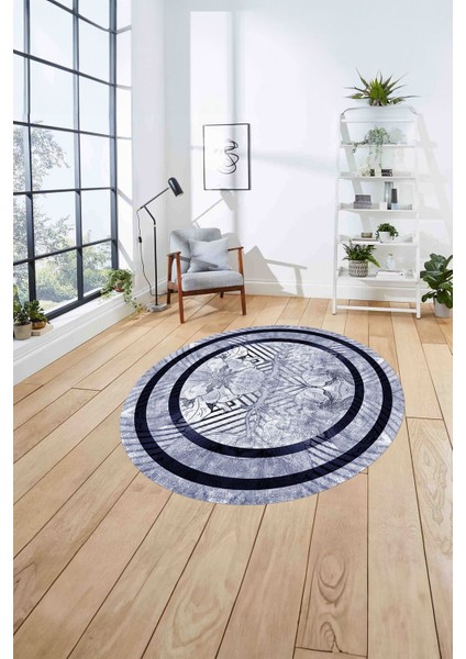 Çerçeveli Çiçek Motifli Yıkanabilir Kaymaz Yuvarlak Salon Halısı, ÇERÇEVELİ-Y-122-LACİVERT, fırsatları