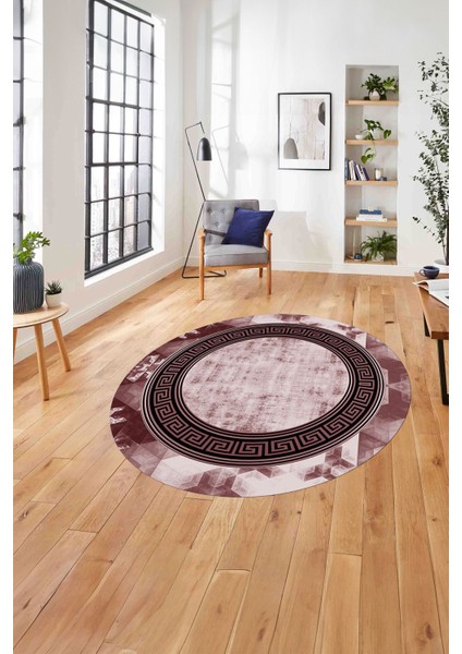 Çerçeveli Modern Klasik Baskılı Yıkanabilir Kaymaz Yuvarlak Salon Halısı, ÇERÇEVELİ-Y-109-BORDO,