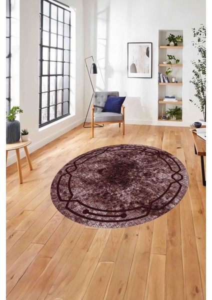 Çerçeveli Hitit Kesme Modelli Yıkanabilir Kaymaz Yuvarlak Salon Halısı, Çerçeveli-Y-63-Bordo,
