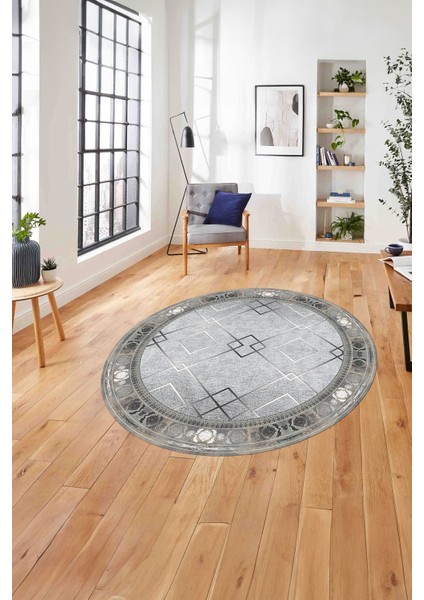 Çerçeveli Üçgen Detaylı Desen Yıkanabilir Kaymaz Yuvarlak Salon Halısı, Çerçeveli-Y-75-Renkli,